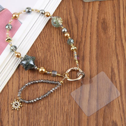 Star Snowflake Beaded Phone Charm Wrist Strap with Tether Pad for Women Girls