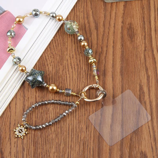 Star Snowflake Beaded Phone Charm Wrist Strap with Tether Pad for Women Girls