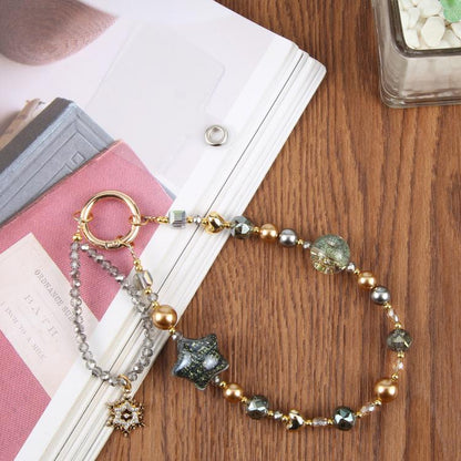 Star Snowflake Beaded Phone Charm Wrist Strap with Tether Pad for Women Girls