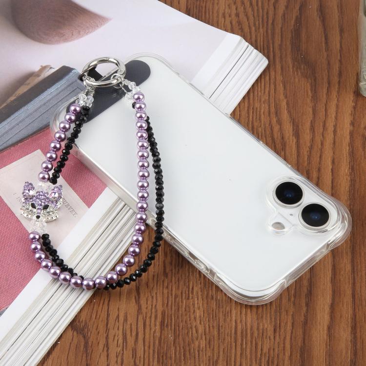 Fox Double Layer Beaded Phone Charm Wrist Strap with Tether Pad for Women Girls