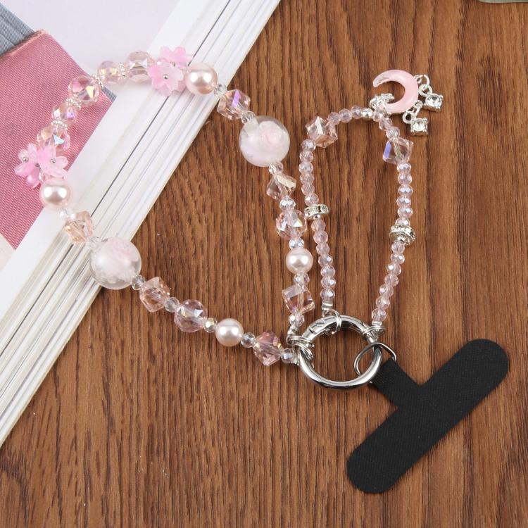 Crescent Moon Short Beaded Phone Charm Wrist Strap with Tether Pad for Women Girls