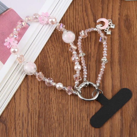 Crescent Moon Short Beaded Phone Charm Wrist Strap with Tether Pad for Women Girls