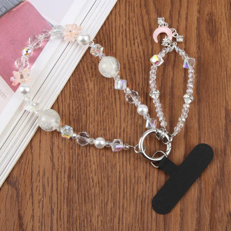 Crescent Moon Short Beaded Phone Charm Wrist Strap with Tether Pad for Women Girls
