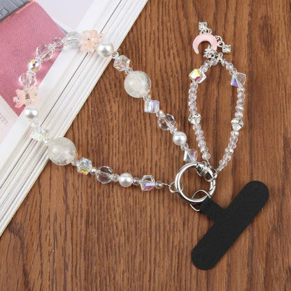 Crescent Moon Short Beaded Phone Charm Wrist Strap with Tether Pad for Women Girls