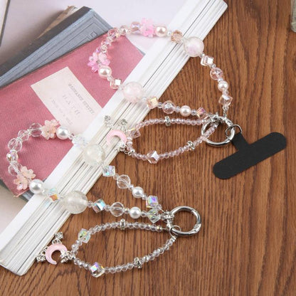 Crescent Moon Short Beaded Phone Charm Wrist Strap with Tether Pad for Women Girls