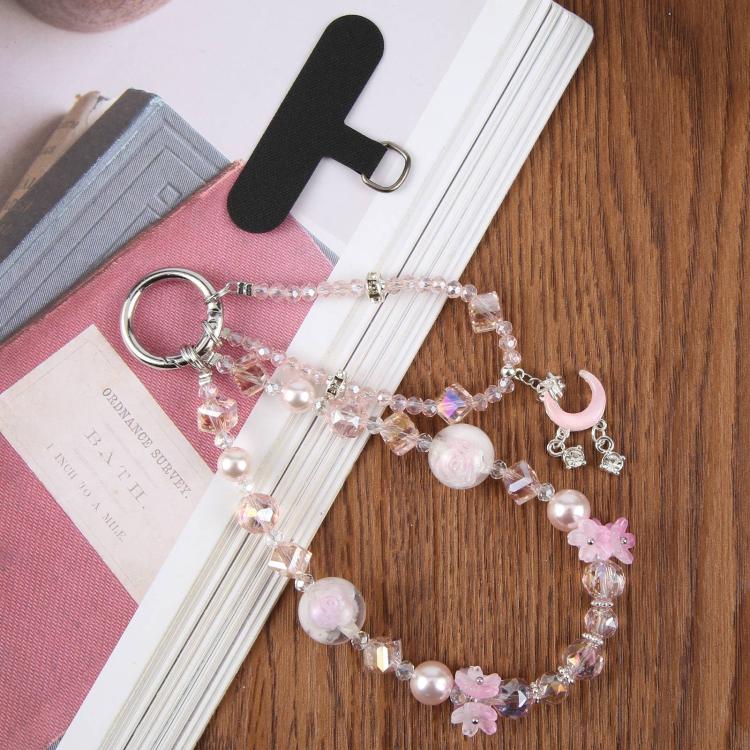 Crescent Moon Short Beaded Phone Charm Wrist Strap with Tether Pad for Women Girls