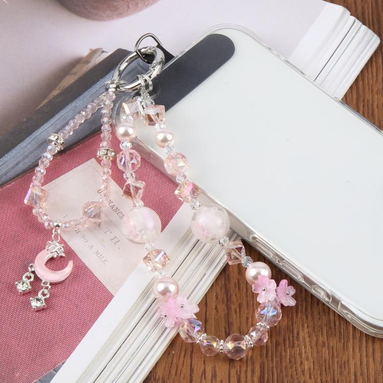 Crescent Moon Short Beaded Phone Charm Wrist Strap with Tether Pad for Women Girls