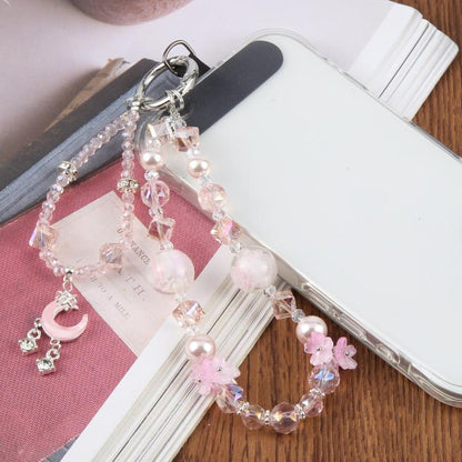 Crescent Moon Short Beaded Phone Charm Wrist Strap with Tether Pad for Women Girls