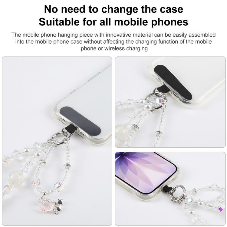 Crescent Moon Short Beaded Phone Charm Wrist Strap with Tether Pad for Women Girls
