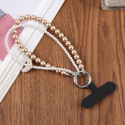 Fishtail Double Layer Beaded Phone Charm Wrist Strap with Tether Pad for Women Girls