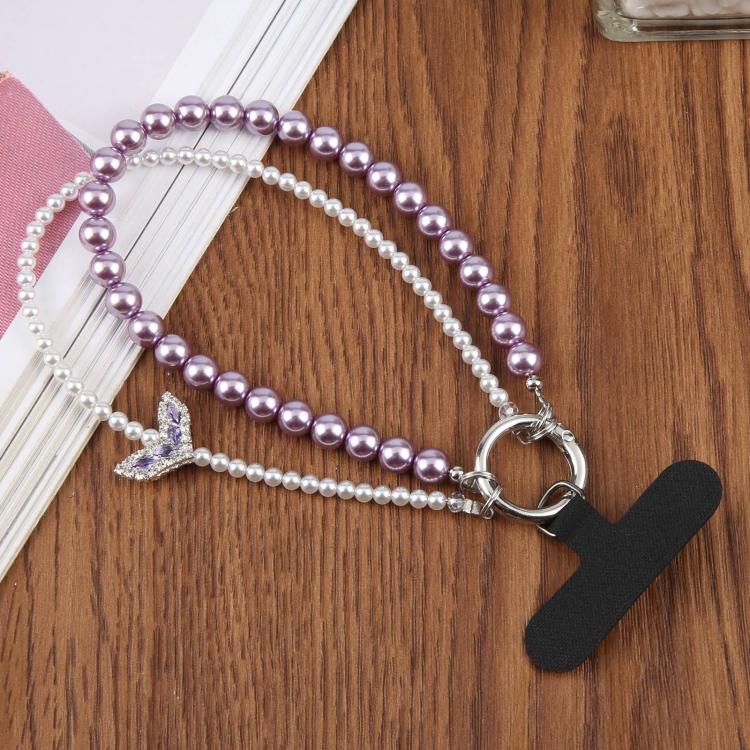 Fishtail Double Layer Beaded Phone Charm Wrist Strap with Tether Pad for Women Girls