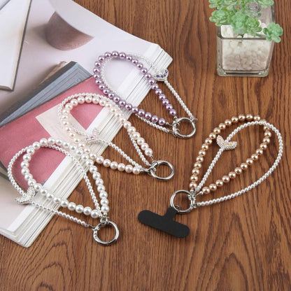 Fishtail Double Layer Beaded Phone Charm Wrist Strap with Tether Pad for Women Girls