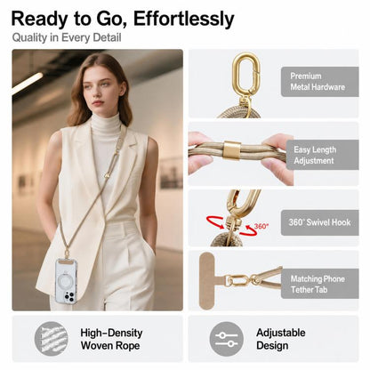 Adjustable Hybrid Neck Strap Crossbody Phone Lanyard with Tether Pad for Unisex, Gold Hardware, Painted Metal Hardware
