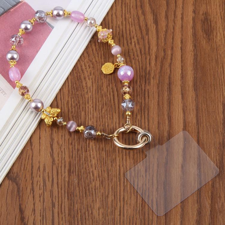 Cat Eye Butterfly Short Bead Chain Phone Charm Wrist Strap with Tether Pad for Women Girls