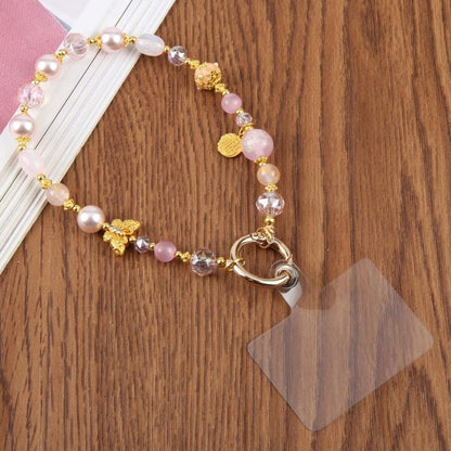 Cat Eye Butterfly Short Bead Chain Phone Charm Wrist Strap with Tether Pad for Women Girls