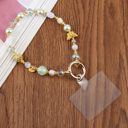 Cat Eye Butterfly Short Bead Chain Phone Charm Wrist Strap with Tether Pad for Women Girls