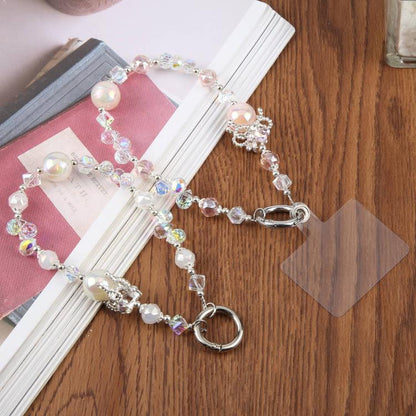 Camellia Bubble Beads Short Chain Phone Charm Wrist Strap with Tether Pad for Women Girls