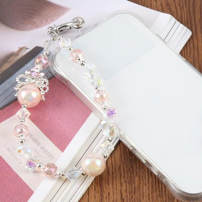 Camellia Bubble Beads Short Chain Phone Charm Wrist Strap with Tether Pad for Women Girls
