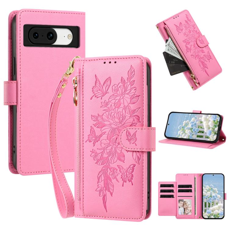 Butterfly Flower Zipper Wallet Vegan Leather Phone Case with Strap, For Google Pixel 9 Pro XL / 10 Pro XL, For Google Pixel 11 Pro XL, For Google Pixel 11 / 11 Pro, For Google Pixel 10a, For Google Pixel 10 / 10 Pro / 9 Pro, For Google Pixel 8 Pro     ...