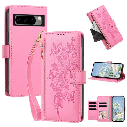 Butterfly Flower Zipper Wallet Vegan Leather Phone Case with Strap, For Google Pixel 9 Pro XL / 10 Pro XL, For Google Pixel 11 Pro XL, For Google Pixel 11 / 11 Pro, For Google Pixel 10a, For Google Pixel 10 / 10 Pro / 9 Pro, For Google Pixel 8 Pro     ...