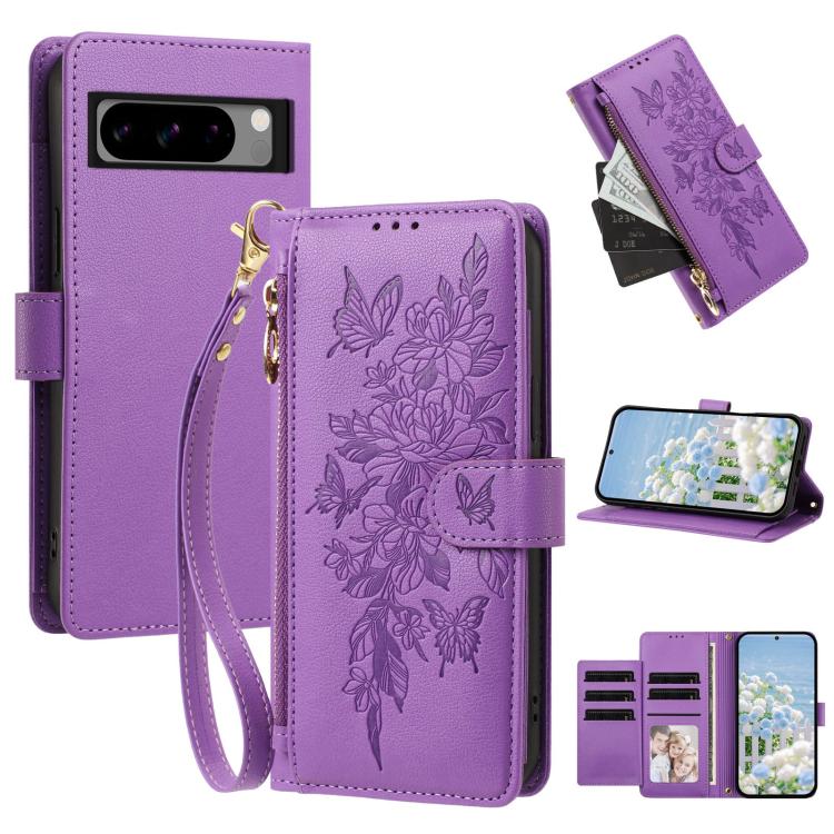 Butterfly Flower Zipper Wallet Vegan Leather Phone Case with Strap, For Google Pixel 9 Pro XL / 10 Pro XL, For Google Pixel 11 Pro XL, For Google Pixel 11 / 11 Pro, For Google Pixel 10a, For Google Pixel 10 / 10 Pro / 9 Pro, For Google Pixel 8 Pro     ...