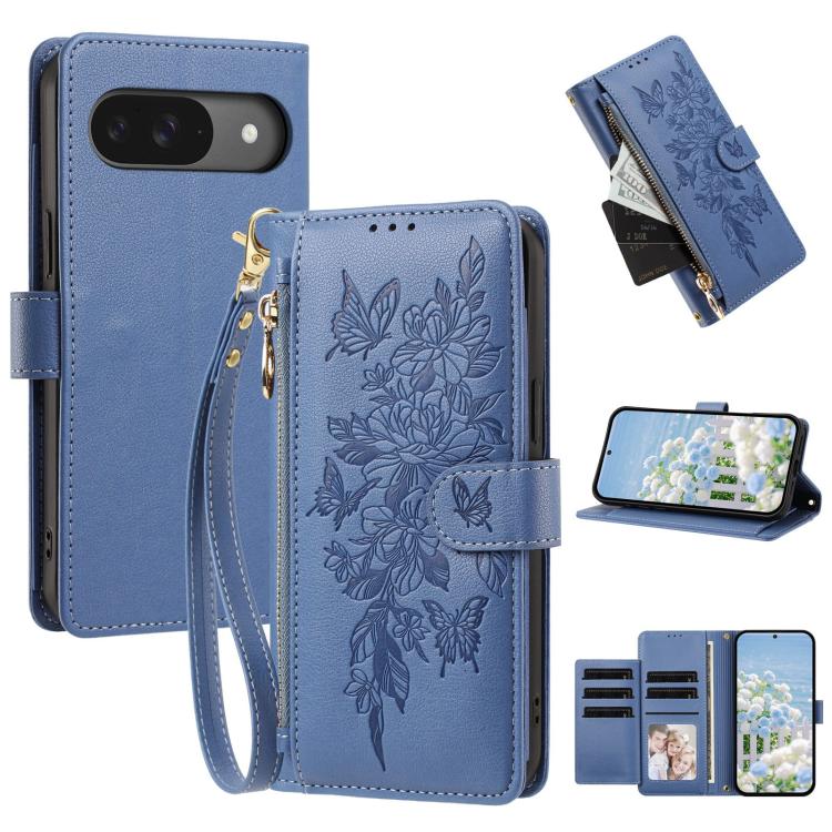 Butterfly Flower Zipper Wallet Vegan Leather Phone Case with Strap, For Google Pixel 9 Pro XL / 10 Pro XL, For Google Pixel 11 Pro XL, For Google Pixel 11 / 11 Pro, For Google Pixel 10a, For Google Pixel 10 / 10 Pro / 9 Pro, For Google Pixel 8 Pro     ...