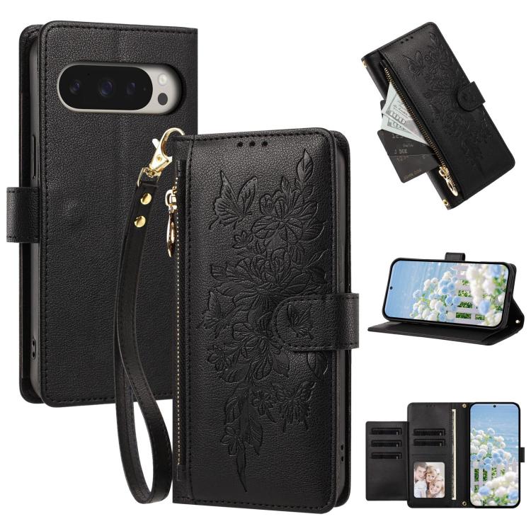Butterfly Flower Zipper Wallet Vegan Leather Phone Case with Strap, For Google Pixel 9 Pro XL / 10 Pro XL, For Google Pixel 11 Pro XL, For Google Pixel 11 / 11 Pro, For Google Pixel 10a, For Google Pixel 10 / 10 Pro / 9 Pro, For Google Pixel 8 Pro     ...