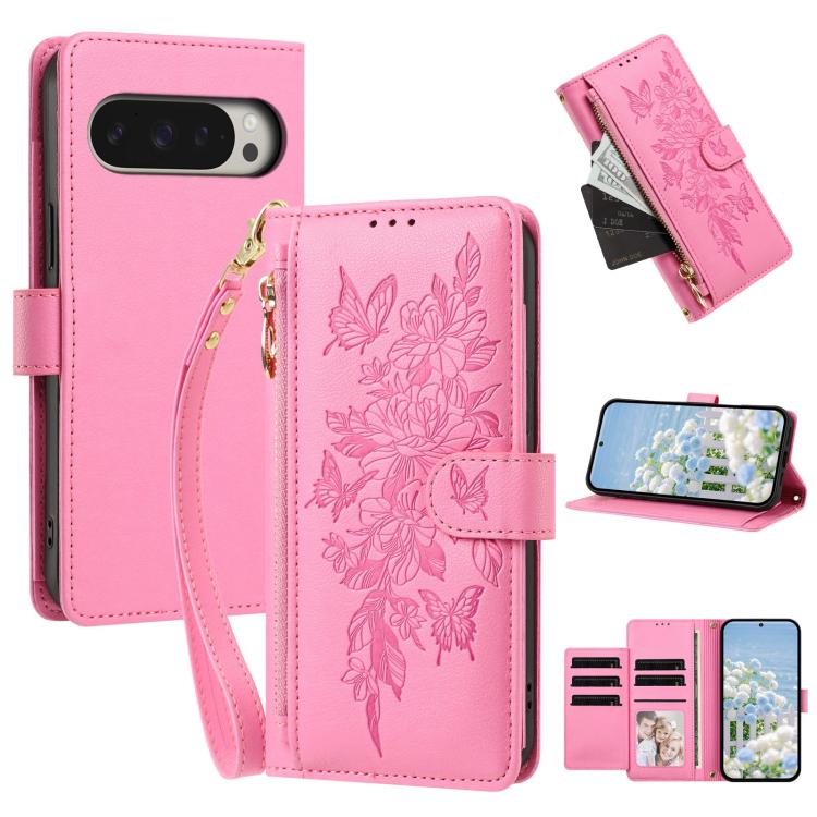 Butterfly Flower Zipper Wallet Vegan Leather Phone Case with Strap, For Google Pixel 9 Pro XL / 10 Pro XL, For Google Pixel 11 Pro XL, For Google Pixel 11 / 11 Pro, For Google Pixel 10a, For Google Pixel 10 / 10 Pro / 9 Pro, For Google Pixel 8 Pro     ...