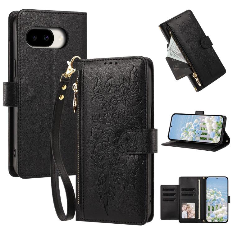 Butterfly Flower Zipper Wallet Vegan Leather Phone Case with Strap, For Google Pixel 9 Pro XL / 10 Pro XL, For Google Pixel 11 Pro XL, For Google Pixel 11 / 11 Pro, For Google Pixel 10a, For Google Pixel 10 / 10 Pro / 9 Pro, For Google Pixel 8 Pro     ...