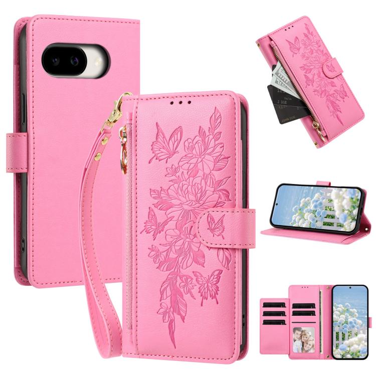 Butterfly Flower Zipper Wallet Vegan Leather Phone Case with Strap, For Google Pixel 9 Pro XL / 10 Pro XL, For Google Pixel 11 Pro XL, For Google Pixel 11 / 11 Pro, For Google Pixel 10a, For Google Pixel 10 / 10 Pro / 9 Pro, For Google Pixel 8 Pro     ...