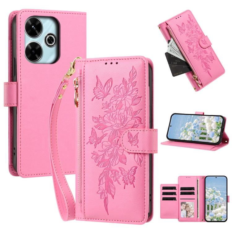 Butterfly Flower Zipper Wallet Vegan Leather Phone Case with Strap, For Redmi K80 / K80 Pro, For Redmi Note 14 4G 164mm, For Redmi Note 14 Pro 4G, For Redmi Note 14 4G 163.25mm, For Redmi Note 14 5G, For Redmi Note 14 Pro 5G, For Redmi 14C 4G          ...