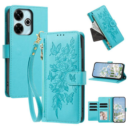 Butterfly Flower Zipper Wallet Vegan Leather Phone Case with Strap, For Redmi K80 / K80 Pro, For Redmi Note 14 4G 164mm, For Redmi Note 14 Pro 4G, For Redmi Note 14 4G 163.25mm, For Redmi Note 14 5G, For Redmi Note 14 Pro 5G, For Redmi 14C 4G          ...