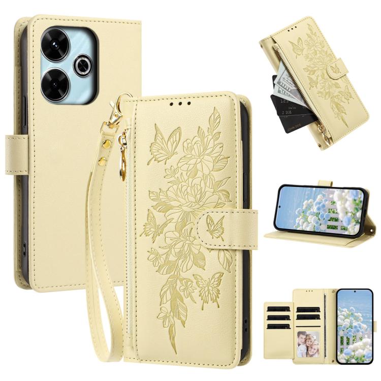 Butterfly Flower Zipper Wallet Vegan Leather Phone Case with Strap, For Redmi K80 / K80 Pro, For Redmi Note 14 4G 164mm, For Redmi Note 14 Pro 4G, For Redmi Note 14 4G 163.25mm, For Redmi Note 14 5G, For Redmi Note 14 Pro 5G, For Redmi 14C 4G          ...