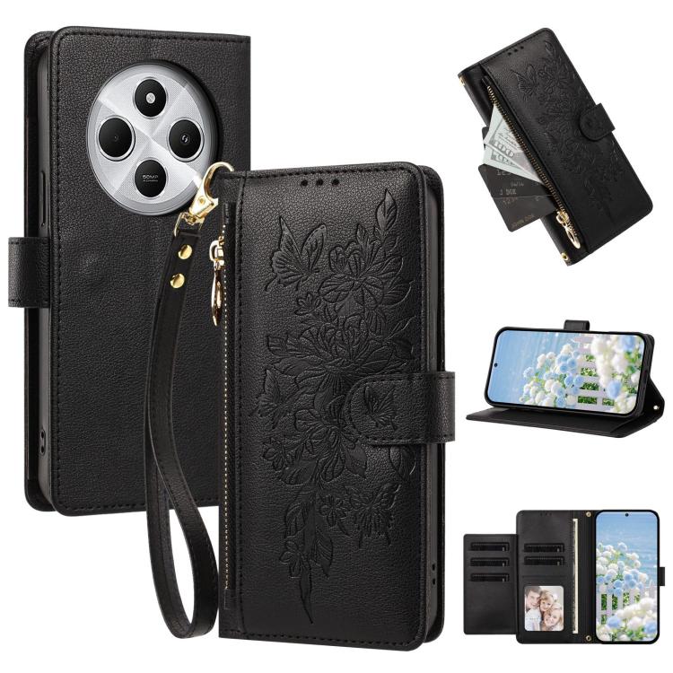 Butterfly Flower Zipper Wallet Vegan Leather Phone Case with Strap, For Redmi K80 / K80 Pro, For Redmi Note 14 4G 164mm, For Redmi Note 14 Pro 4G, For Redmi Note 14 4G 163.25mm, For Redmi Note 14 5G, For Redmi Note 14 Pro 5G, For Redmi 14C 4G          ...