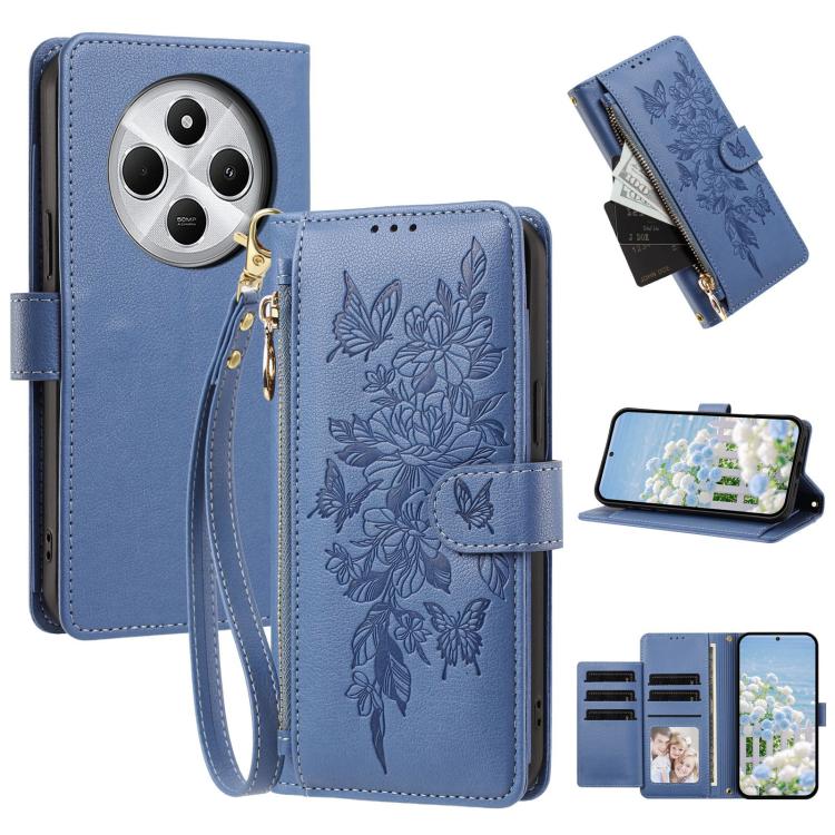 Butterfly Flower Zipper Wallet Vegan Leather Phone Case with Strap, For Redmi K80 / K80 Pro, For Redmi Note 14 4G 164mm, For Redmi Note 14 Pro 4G, For Redmi Note 14 4G 163.25mm, For Redmi Note 14 5G, For Redmi Note 14 Pro 5G, For Redmi 14C 4G          ...