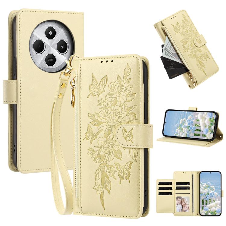 Butterfly Flower Zipper Wallet Vegan Leather Phone Case with Strap, For Redmi K80 / K80 Pro, For Redmi Note 14 4G 164mm, For Redmi Note 14 Pro 4G, For Redmi Note 14 4G 163.25mm, For Redmi Note 14 5G, For Redmi Note 14 Pro 5G, For Redmi 14C 4G          ...