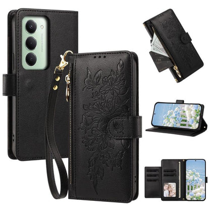 Butterfly Flower Zipper Wallet Vegan Leather Phone Case with Strap, For Redmi 15a 5G, For Redmi Turbo 5 Max / Poco X8 Pro Max, For Redmi Turbo 5 / Poco X8 Pro 5G, For Redmi Note 15 Pro+ Global 163.3mm, For Redmi Note 15 4G / 5G Global 164mm            ...