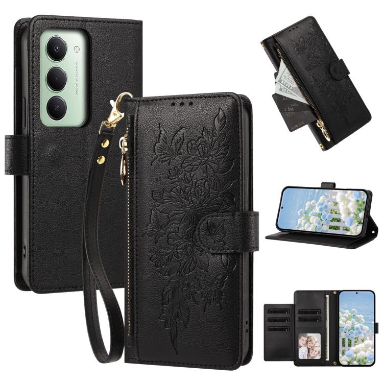 Butterfly Flower Zipper Wallet Vegan Leather Phone Case with Strap, For Redmi 15a 5G, For Redmi Turbo 5 Max / Poco X8 Pro Max, For Redmi Turbo 5 / Poco X8 Pro 5G, For Redmi Note 15 Pro+ Global 163.3mm, For Redmi Note 15 4G / 5G Global 164mm            ...