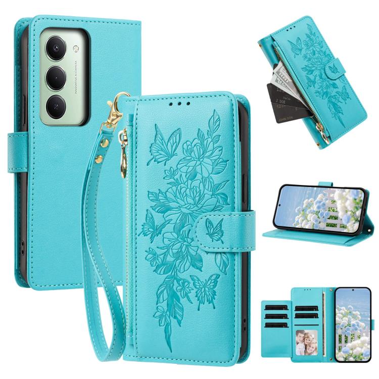 Butterfly Flower Zipper Wallet Vegan Leather Phone Case with Strap, For Redmi 15a 5G, For Redmi Turbo 5 Max / Poco X8 Pro Max, For Redmi Turbo 5 / Poco X8 Pro 5G, For Redmi Note 15 Pro+ Global 163.3mm, For Redmi Note 15 4G / 5G Global 164mm            ...
