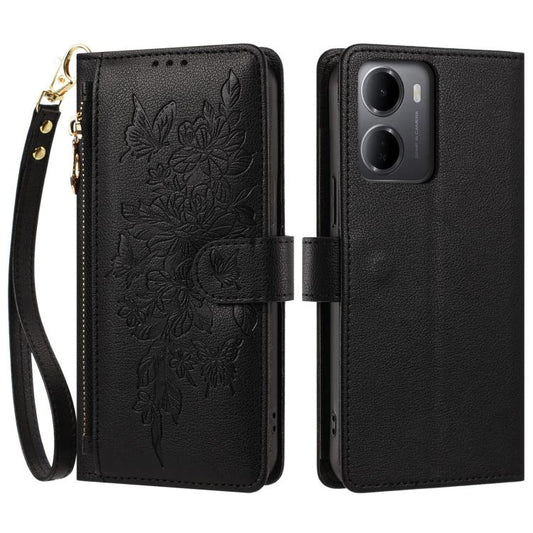 Butterfly Flower Zipper Wallet Vegan Leather Phone Case with Strap, For Redmi 15a 5G, For Redmi Turbo 5 Max / Poco X8 Pro Max, For Redmi Turbo 5 / Poco X8 Pro 5G, For Redmi Note 15 Pro+ Global 163.3mm, For Redmi Note 15 4G / 5G Global 164mm            ...