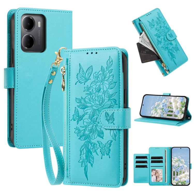 Butterfly Flower Zipper Wallet Vegan Leather Phone Case with Strap, For Redmi Note 17 4G / 5G Global 171mm, For Redmi Note 17 Pro+ 5G Global 163mm, For Redmi 15a 5G, For Redmi Turbo 5 Max / Poco X8 Pro Max, For Redmi Turbo 5 / Poco X8 Pro 5G           ...