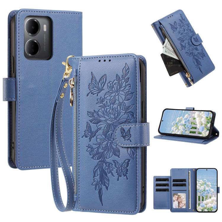 Butterfly Flower Zipper Wallet Vegan Leather Phone Case with Strap, For Redmi Note 17 4G / 5G Global 171mm, For Redmi Note 17 Pro+ 5G Global 163mm, For Redmi 15a 5G, For Redmi Turbo 5 Max / Poco X8 Pro Max, For Redmi Turbo 5 / Poco X8 Pro 5G           ...