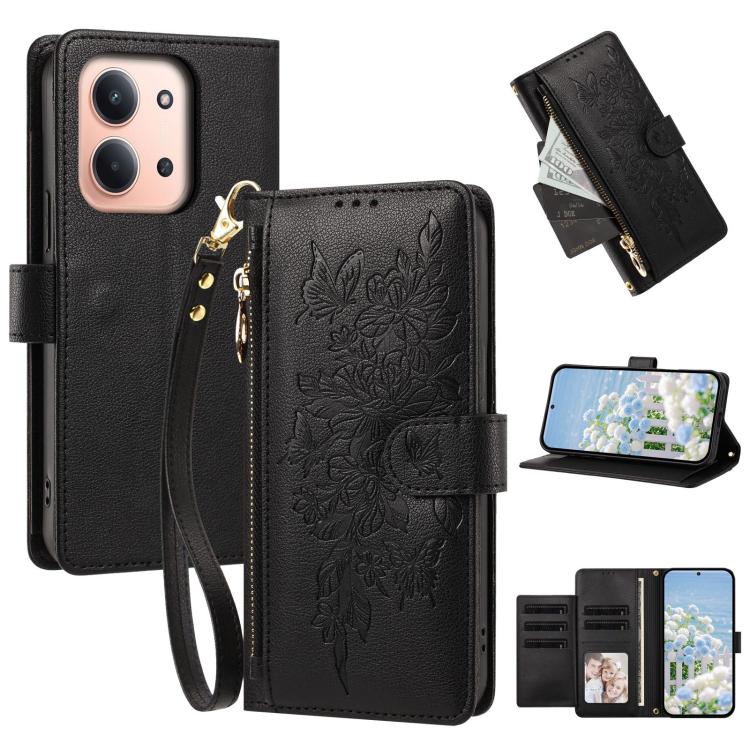 Butterfly Flower Zipper Wallet Vegan Leather Phone Case with Strap, For Redmi 15a 5G, For Redmi Turbo 5 Max / Poco X8 Pro Max, For Redmi Turbo 5 / Poco X8 Pro 5G, For Redmi Note 15 Pro+ Global 163.3mm, For Redmi Note 15 4G / 5G Global 164mm            ...