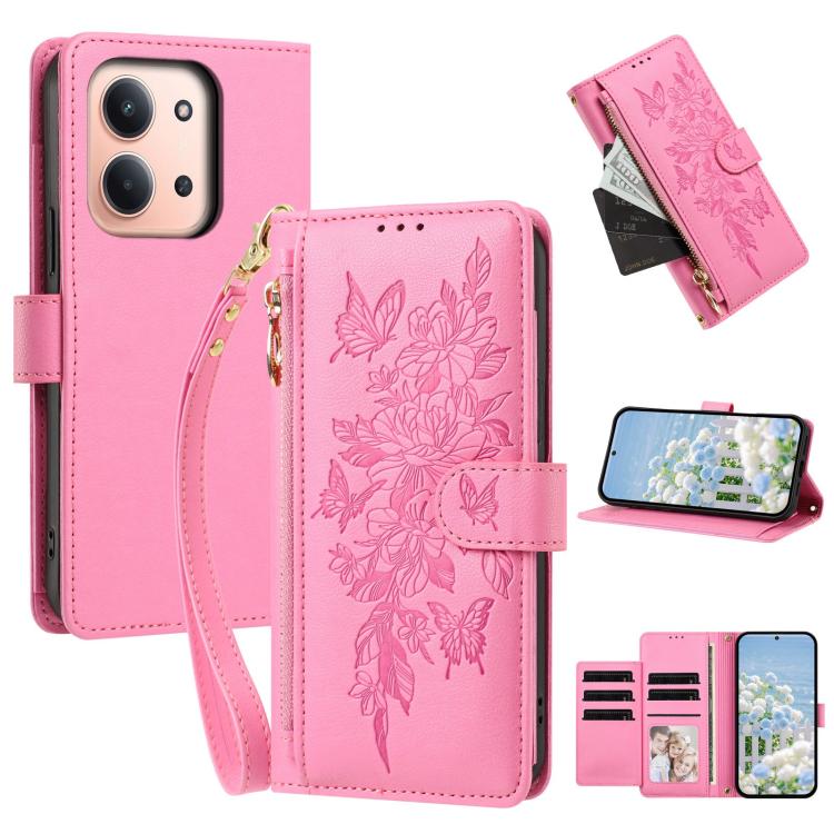 Butterfly Flower Zipper Wallet Vegan Leather Phone Case with Strap, For Redmi 15a 5G, For Redmi Turbo 5 Max / Poco X8 Pro Max, For Redmi Turbo 5 / Poco X8 Pro 5G, For Redmi Note 15 Pro+ Global 163.3mm, For Redmi Note 15 4G / 5G Global 164mm            ...