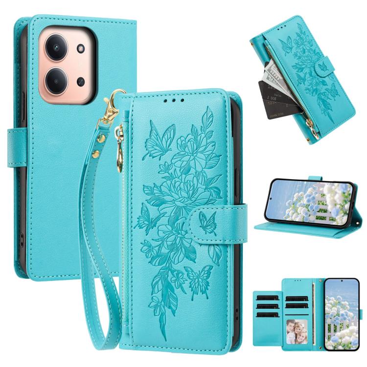 Butterfly Flower Zipper Wallet Vegan Leather Phone Case with Strap, For Redmi 15a 5G, For Redmi Turbo 5 Max / Poco X8 Pro Max, For Redmi Turbo 5 / Poco X8 Pro 5G, For Redmi Note 15 Pro+ Global 163.3mm, For Redmi Note 15 4G / 5G Global 164mm            ...