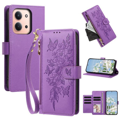 Butterfly Flower Zipper Wallet Vegan Leather Phone Case with Strap, For Redmi 15a 5G, For Redmi Turbo 5 Max / Poco X8 Pro Max, For Redmi Turbo 5 / Poco X8 Pro 5G, For Redmi Note 15 Pro+ Global 163.3mm, For Redmi Note 15 4G / 5G Global 164mm            ...