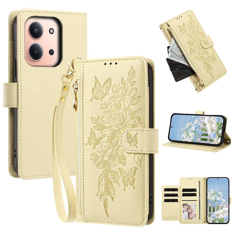 Butterfly Flower Zipper Wallet Vegan Leather Phone Case with Strap, For Redmi 15a 5G, For Redmi Turbo 5 Max / Poco X8 Pro Max, For Redmi Turbo 5 / Poco X8 Pro 5G, For Redmi Note 15 Pro+ Global 163.3mm, For Redmi Note 15 4G / 5G Global 164mm            ...