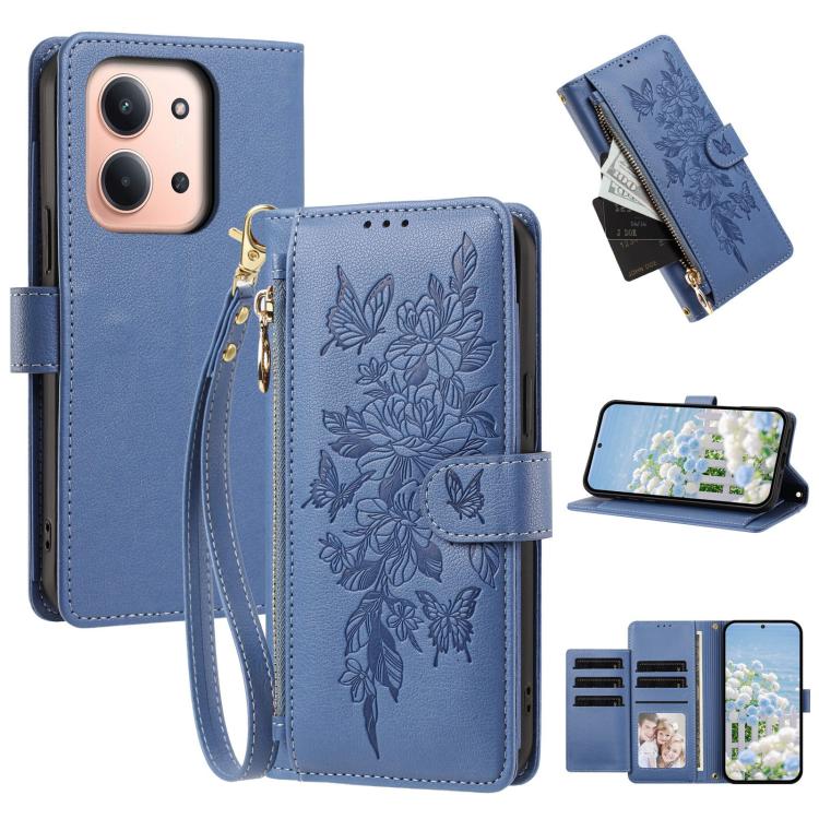 Butterfly Flower Zipper Wallet Vegan Leather Phone Case with Strap, For Redmi 15a 5G, For Redmi Turbo 5 Max / Poco X8 Pro Max, For Redmi Turbo 5 / Poco X8 Pro 5G, For Redmi Note 15 Pro+ Global 163.3mm, For Redmi Note 15 4G / 5G Global 164mm            ...