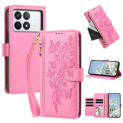 Butterfly Flower Zipper Wallet Vegan Leather Phone Case with Strap, For Redmi K80 / K80 Pro, For Redmi Note 14 4G 164mm, For Redmi Note 14 Pro 4G, For Redmi Note 14 4G 163.25mm, For Redmi Note 14 5G, For Redmi Note 14 Pro 5G, For Redmi 14C 4G          ...