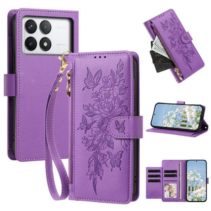 Butterfly Flower Zipper Wallet Vegan Leather Phone Case with Strap, For Redmi K80 / K80 Pro, For Redmi Note 14 4G 164mm, For Redmi Note 14 Pro 4G, For Redmi Note 14 4G 163.25mm, For Redmi Note 14 5G, For Redmi Note 14 Pro 5G, For Redmi 14C 4G          ...